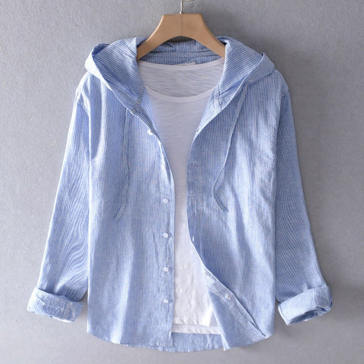 Stripe-Print Hooded Shirt-Valenta Fashion