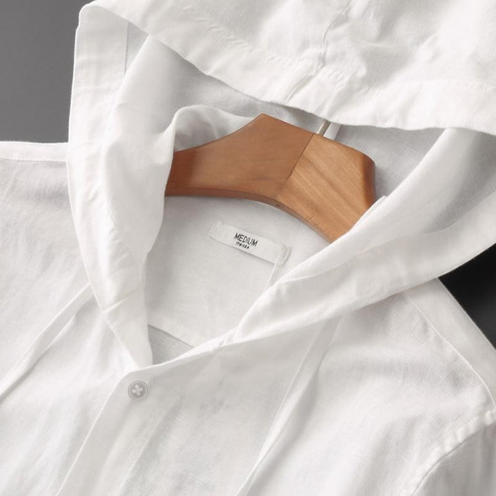 Valenta Fashion white long-sleeve hooded shirt with a relaxed fit and button closure.