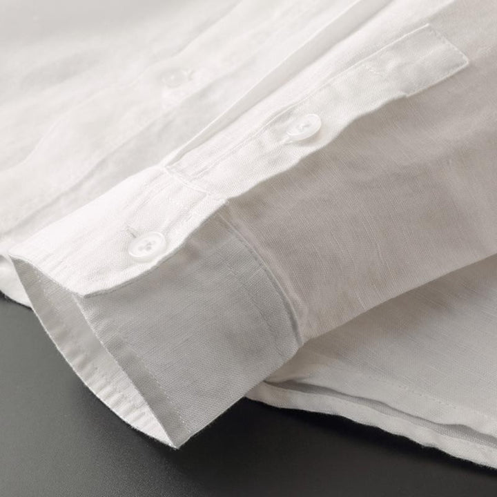 Valenta Fashion white linen blend long-sleeve hooded shirt with button closure and relaxed fit.